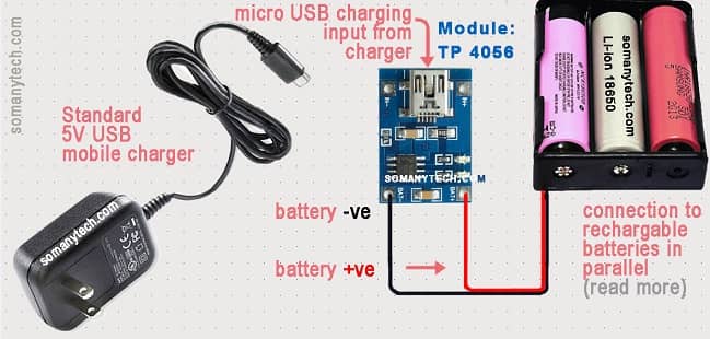 18650 battery charger using module tp4056 with mobile charger