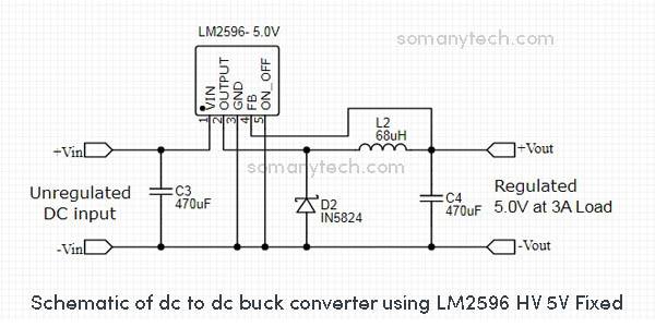 IC LM2596 HV 5V fixed dc dc buck converter schematic diagram