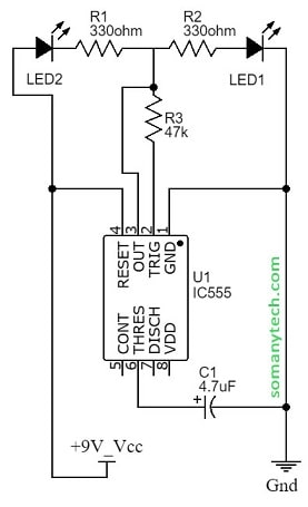 blinking LED circuit using IC 555 and 5 components