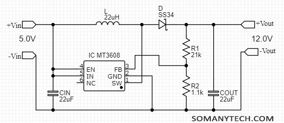 5v to 12v boost converter dc dc step up circuit using mt3608
