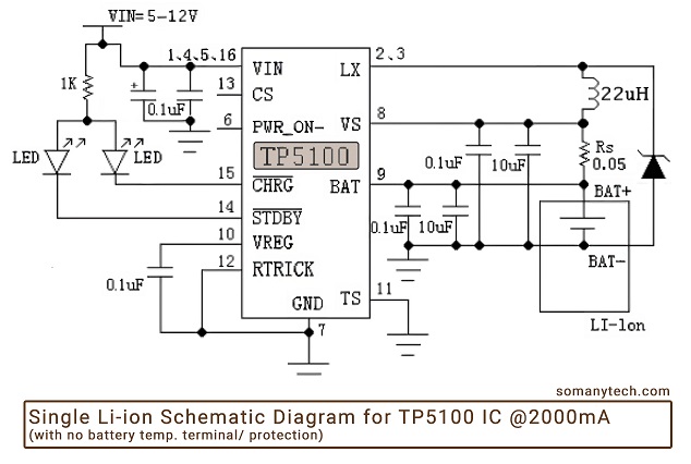 1s single Li ion cell 4.2V TP5100 IC schematic connection datasheet 