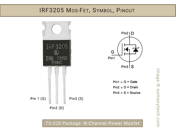 IRF3205, mosfet, pin-out, symbol, n-channel, transistor