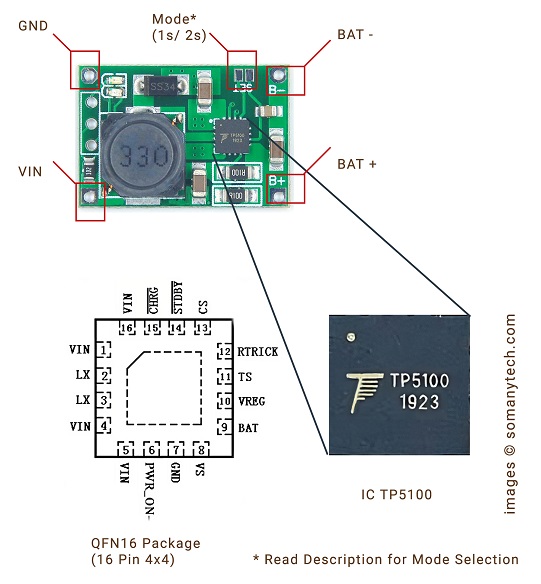 IC TP5100 pinout diagram and TP5100 module pinout