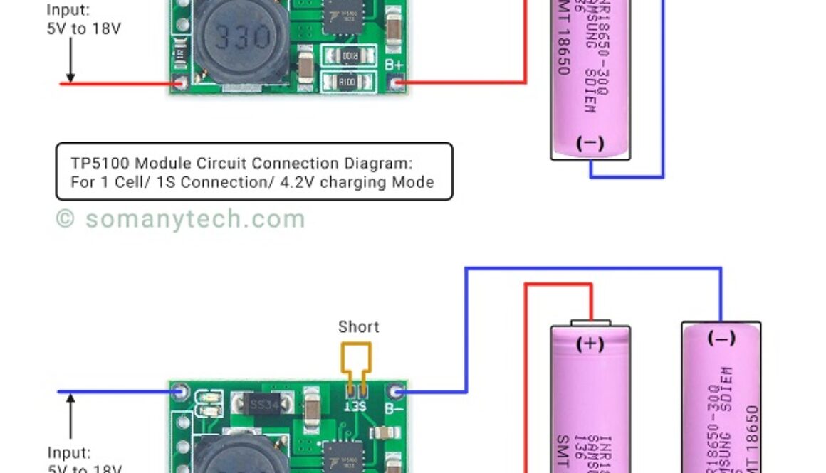 tp5100 module charger connection diagram for single and dual/ two li-ion battery
