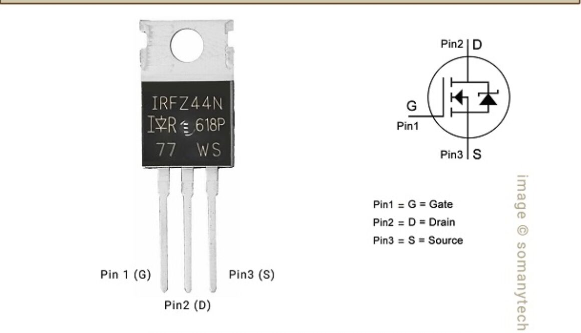 IRFZ44N, mosfet, pin-out, symbol, n-channel, transistor