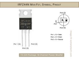 IRFZ44N, mosfet, pin-out, symbol, n-channel, transistor